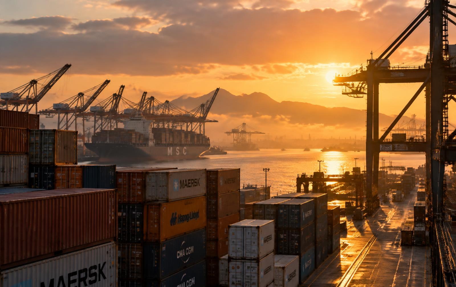 Port de commerce international au crépuscule